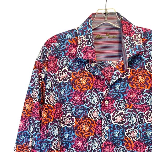 Alan Flusser Floral Shirt Flip Cuffs Womens Large Red Blue Multicolor Career - Picture 3 of 10